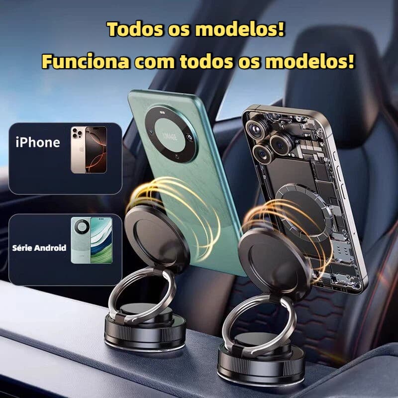 Suporte magnético giratório 360° para celular com ventosa, ideal para casa e carro.