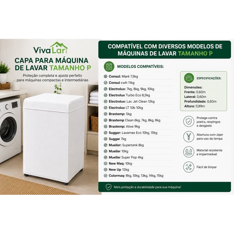Capa Protetora P Lavadora Roupa Abertura Superior Impermeavel Branca
