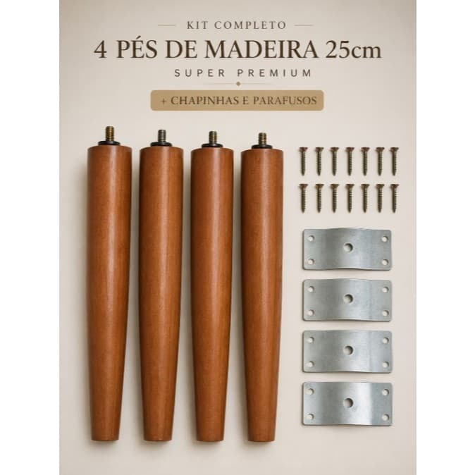 Kit Completo 4 Pés de Madeira 25cm Super Premium + Chapinhas e Parafusos