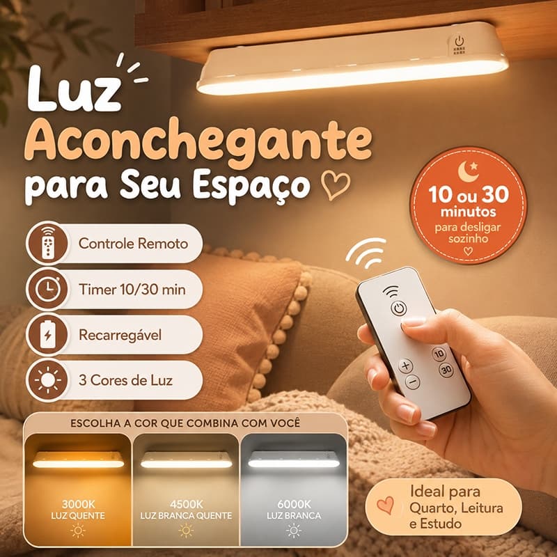 Luminária LED Magnética Recarregável com Controle Remoto 3 Cores Timer 26cm