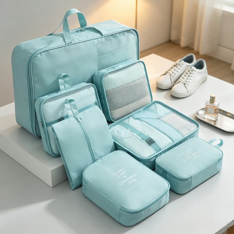 Conjunto Organizador de Mala com 7 Bolsas Portáteis, Divisórias de Roupa Impermeáveis para Viagens Aéreas