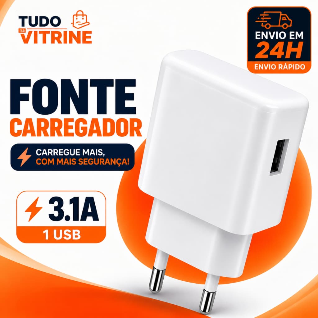 Fonte Carregador USB 3.1A 1 Entrada Carregamento Rápido Bivolt Universal