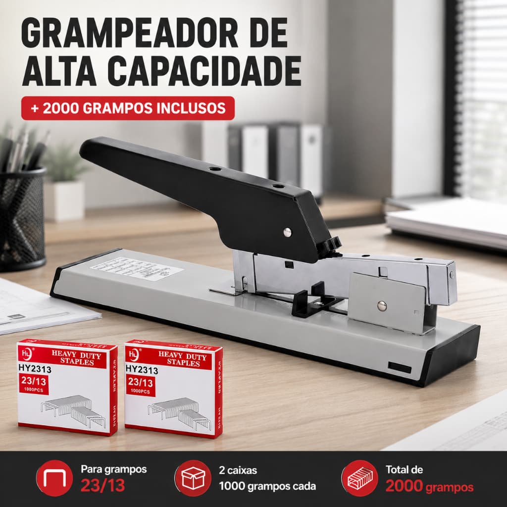 Grampeador Pesado Profissional de Mão C/2000 Grampos–Alta Pressão e Economia de Esforço, Até 100 Folha