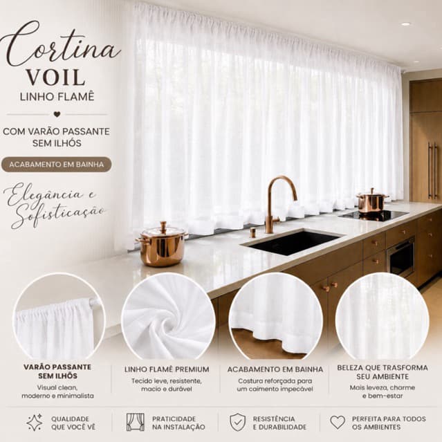 Cortina Linho Voil 2,00x1,50m Sem Ilhós – Varão Passante com Frufru