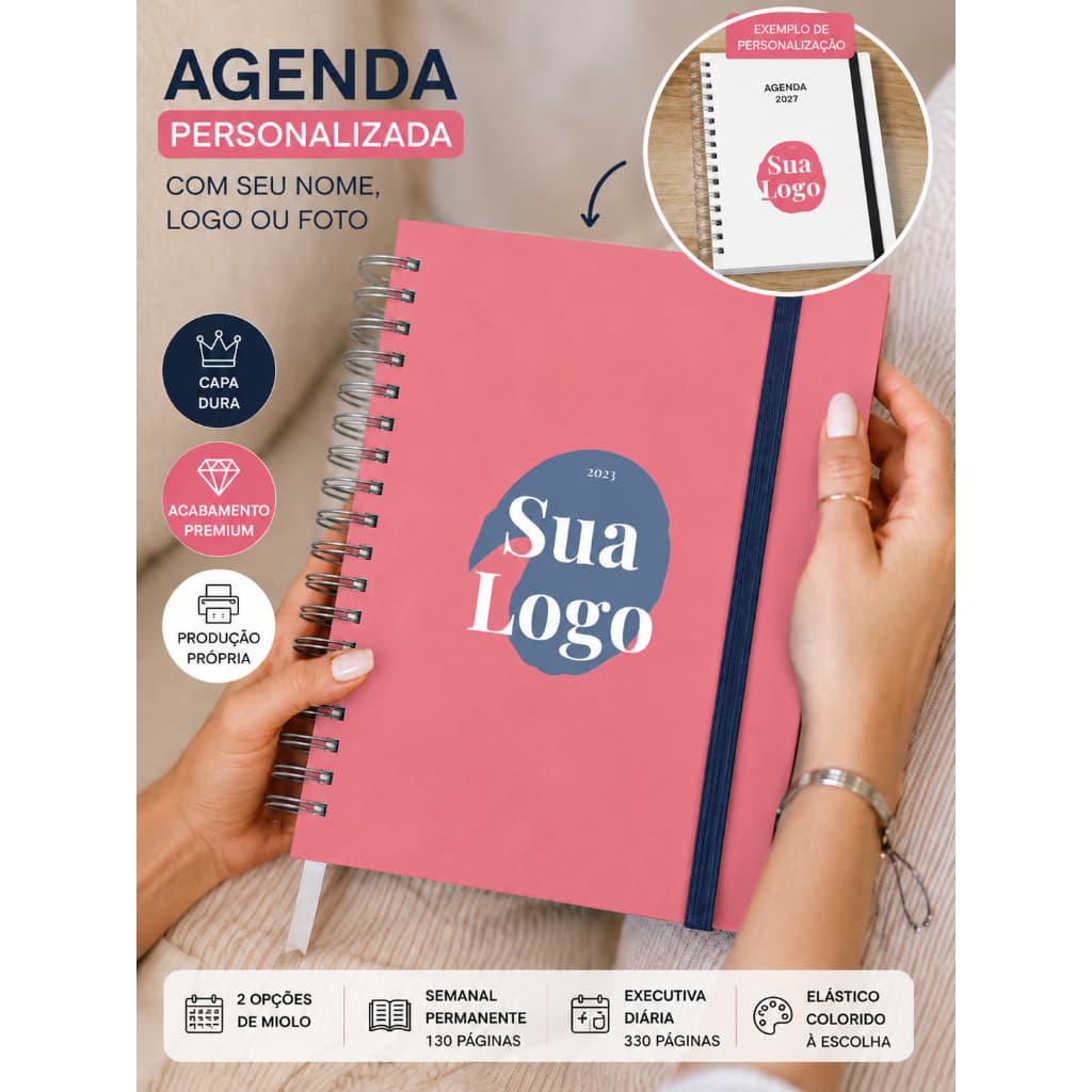 Agenda personalizada com nome  ou logo 2026 logomarca minha logo empresa Caderno elastico