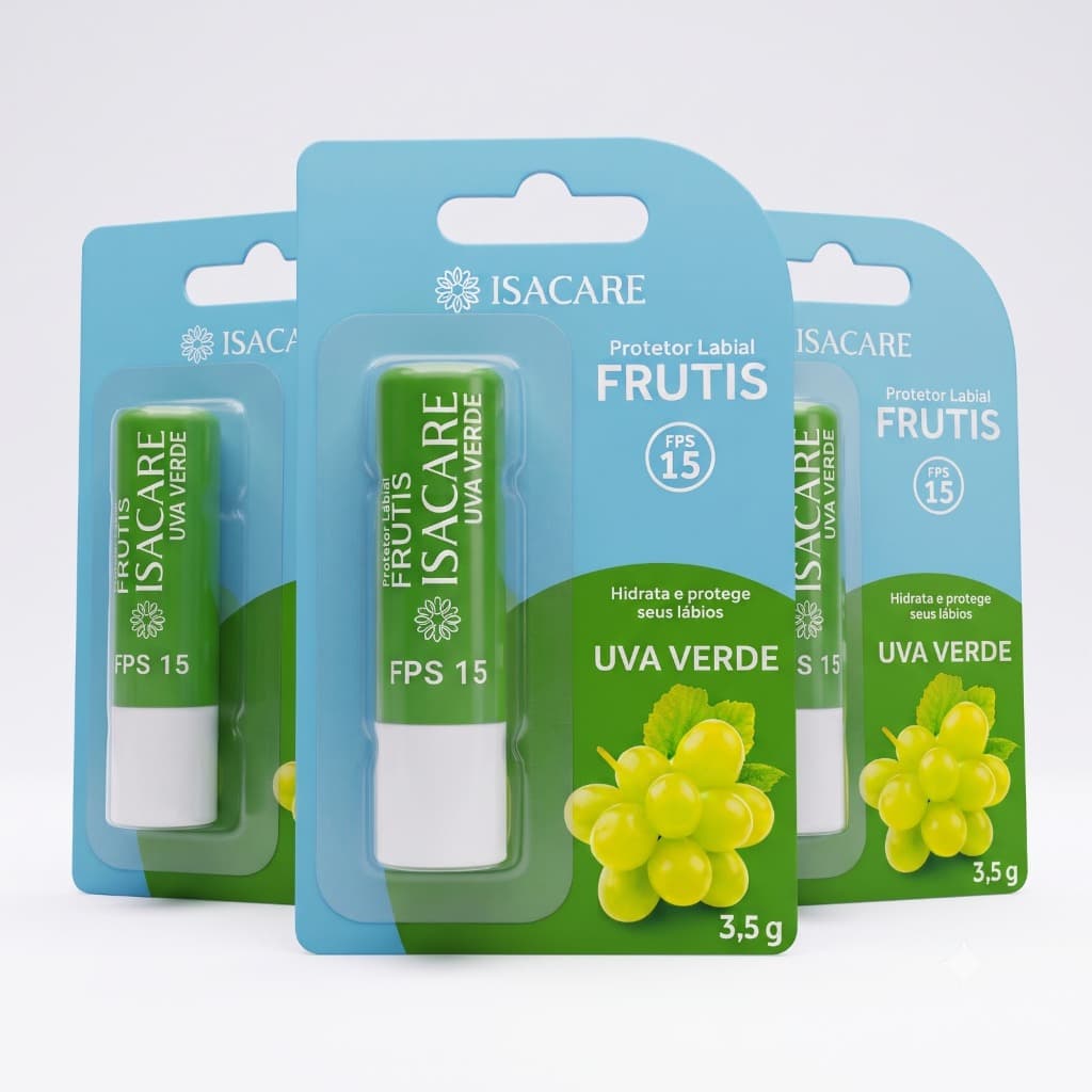 Kit 3 Protetor Labial Hidratante Fps15 em Bastão Sabor Uva Verde Isacare Hidrata e Protege os Lábios