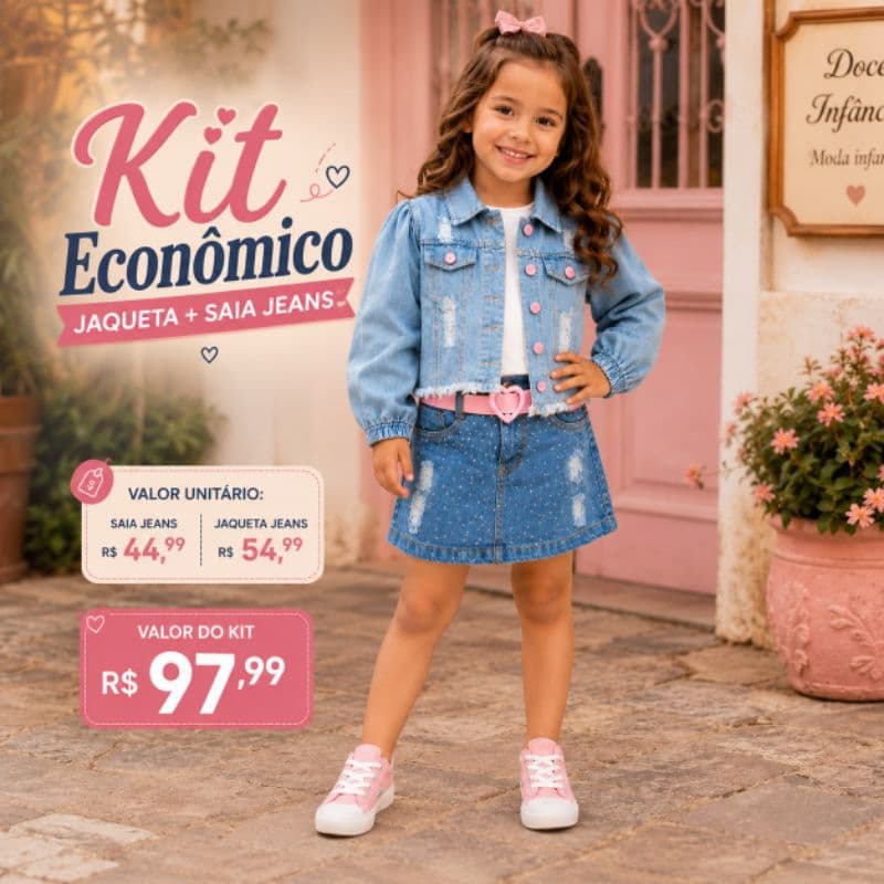 Kit Jeans Infantil Feminino Jaqueta e Saia com Brilho Menina 2 ao 10