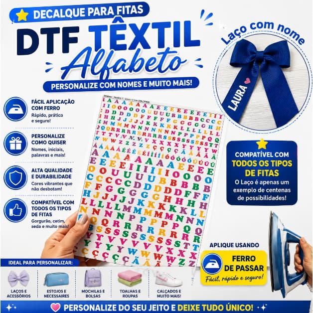 Cartela Alfabeto DTF para Laços Letras Termocolantes Aplique com Ferro de Passar Personalização em Tecido