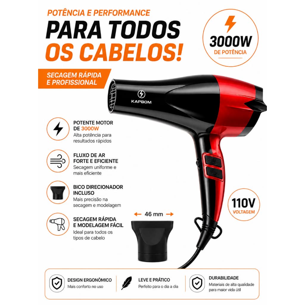 Secador de Cabelo Kapbom 3000W 110V com Jato Frio 2 Velocidades 3 Temperaturas e Bico Direcionador