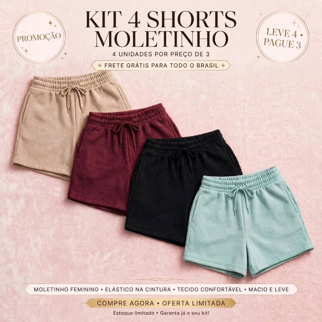 Kit 4 Shorts Feminino Moletinho Moletom Liso Bolso Lateral Elástico Cintura