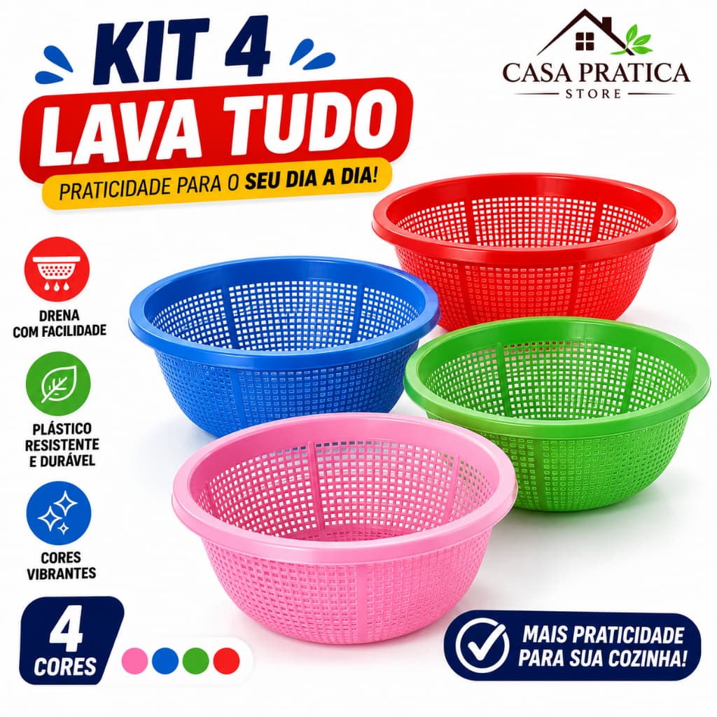 Kit com 4 Escorredores Lava Tudo Multiuso para Arroz, Macarrão e Legumes