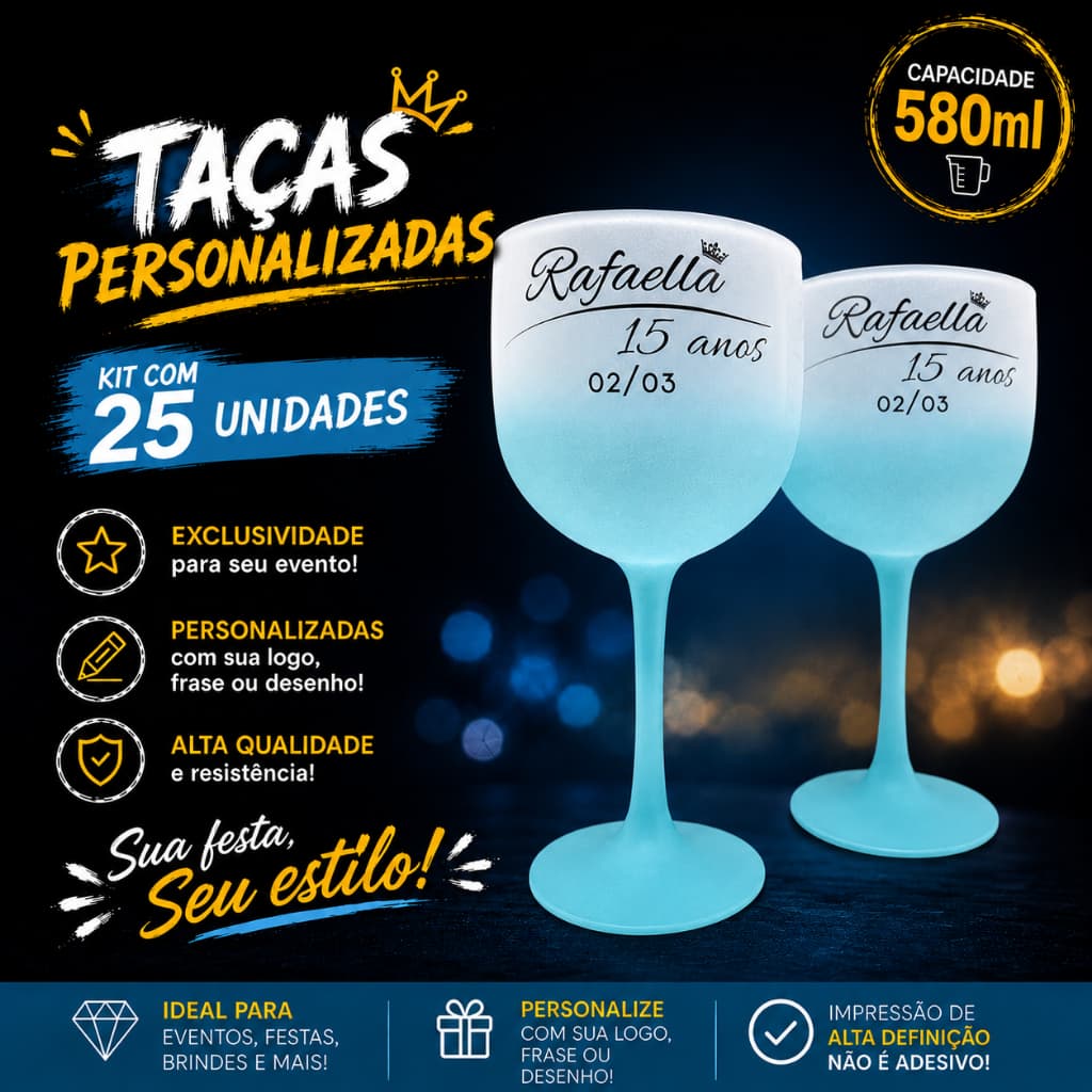Kit 25 Taças de GIN degradê 580ml para Festas, Eventos, Drinks, Aniversários - Personalizadas
