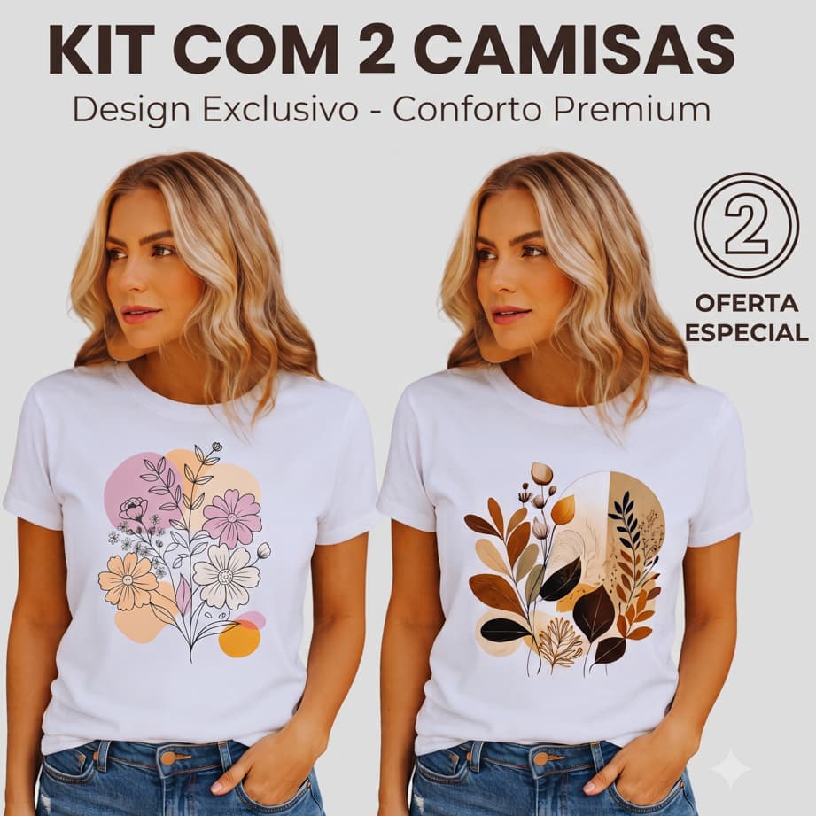 Kit 2 T-shirt Feminina Flores Blusa Qualidade Algodao Premium