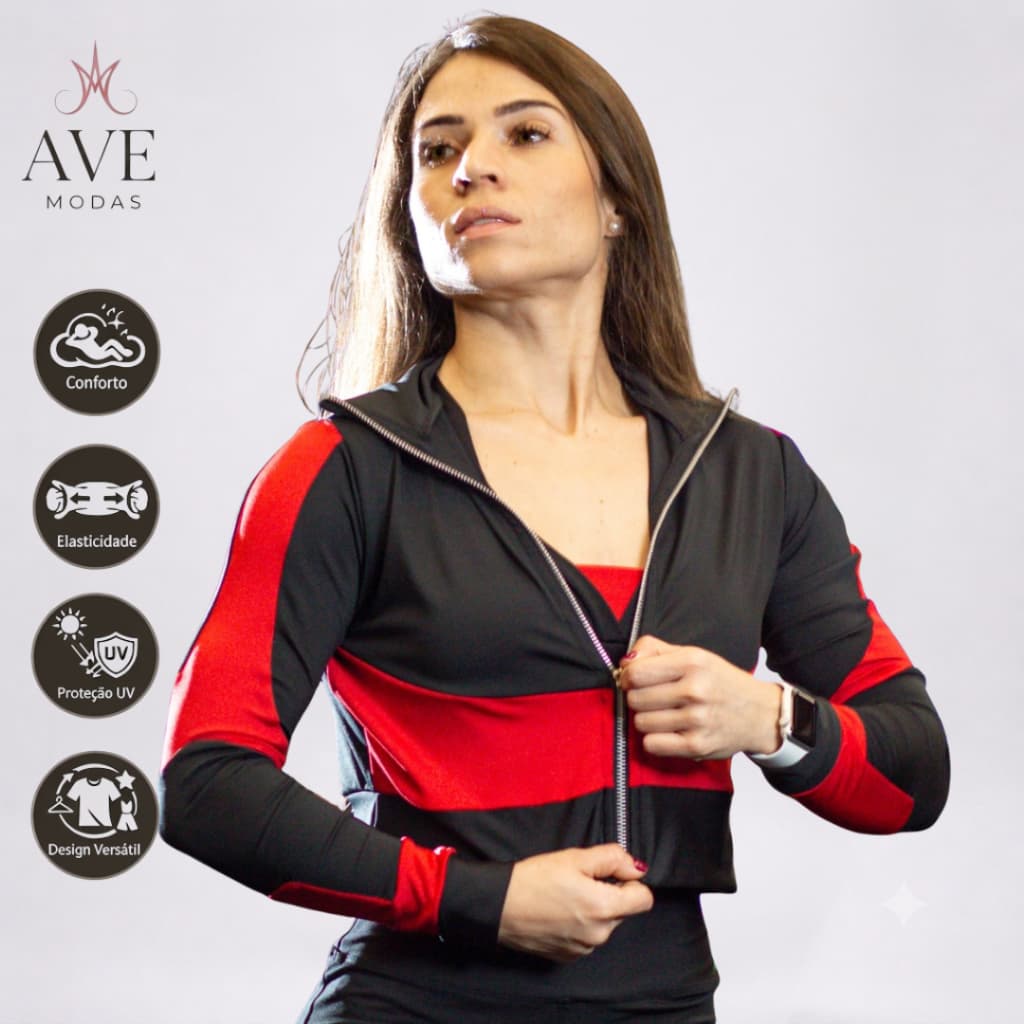 Jaqueta Cropped Manga Longa Zíper Suplex Academia Moda Feminina Para Treinar Fitness