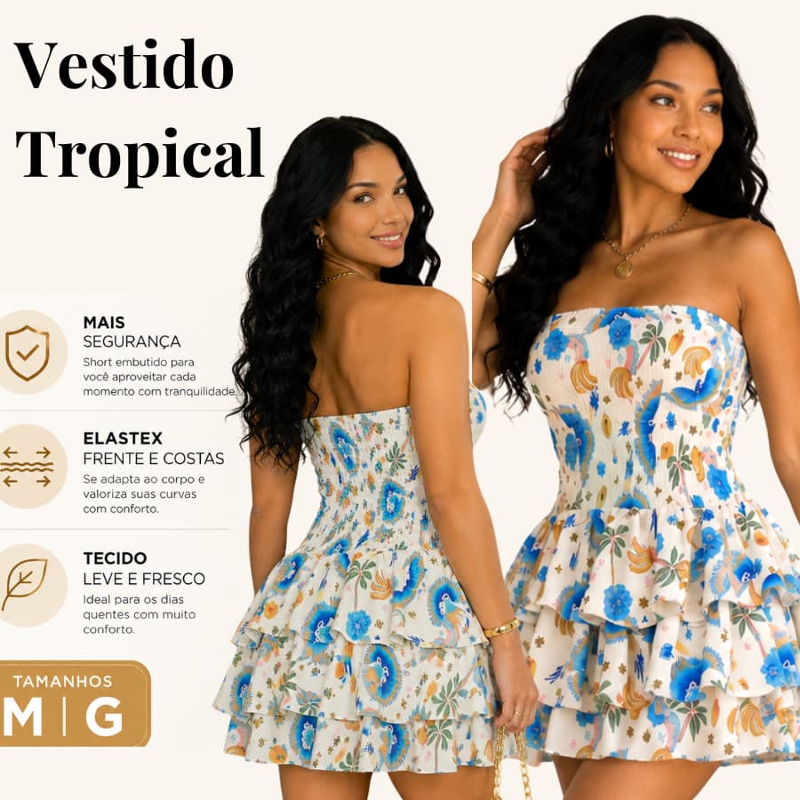 Vestido Curto Tomara que caia Tropical com short embutido  Moda verao moda praia