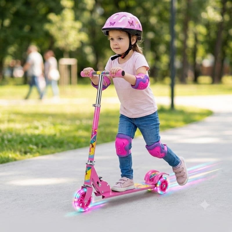 Patinete infantil 3 rodas menina acende luzes dobrável