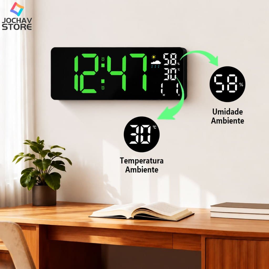 Relógio de Parede Digital LED Grande com Temperatura Data Despertador USB e Bateria