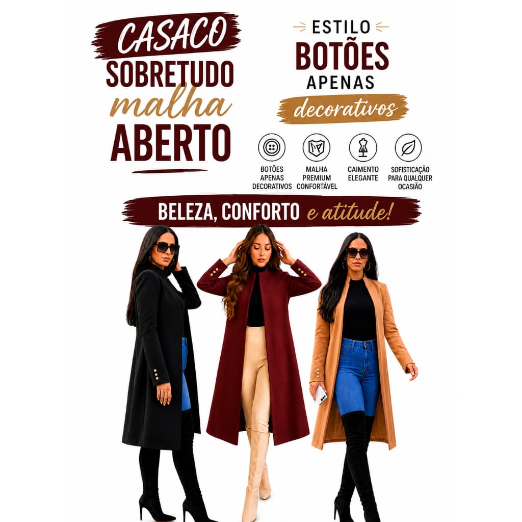 CASACO SOBRE TUDO COMPRIDO FEMININO PRETO CASAQUINHO ABERTO SOBRETUDO PLUS SIZE SOCIAL MANGA LONGA COM BOTÕES