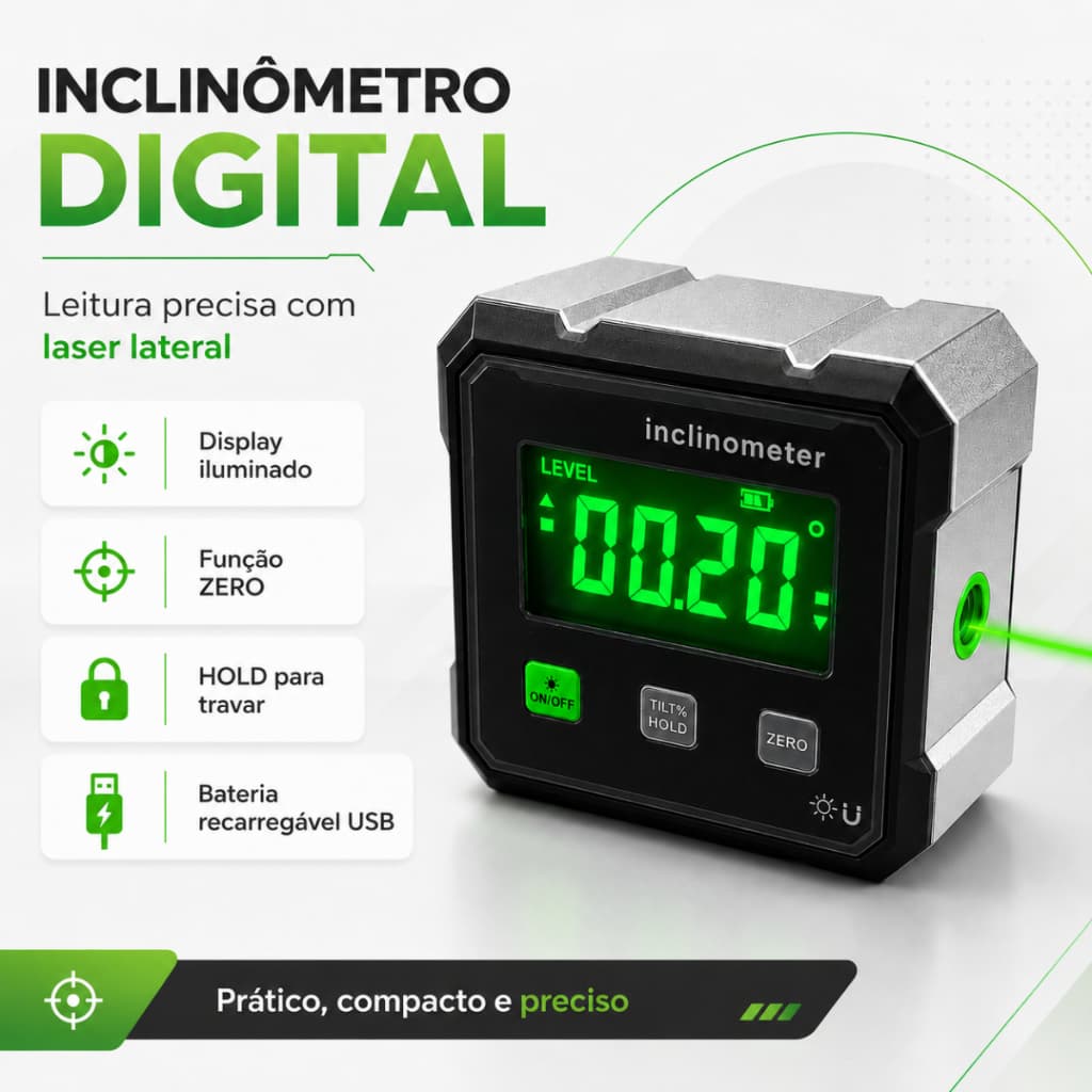 Inclinômetro Digital Com Laser Duplo Medidor de Ângulo Recarregável Com Display