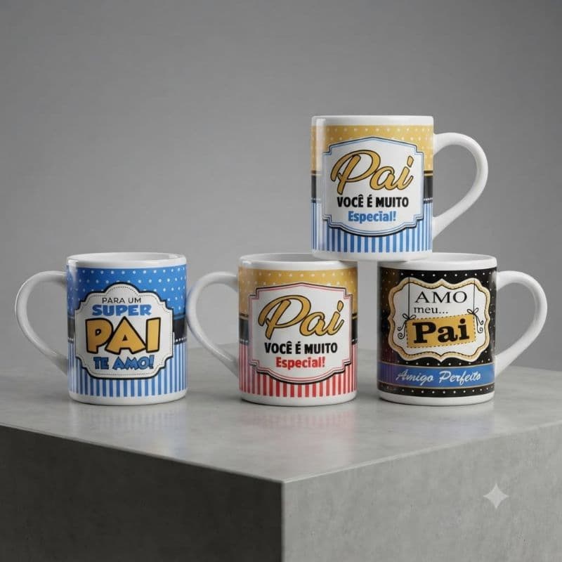 Kit Caneca Reta 220ml Faixa Pai color Xícara Chá Café Design Sofisticado Porcelana Personalizada Presente Elegante