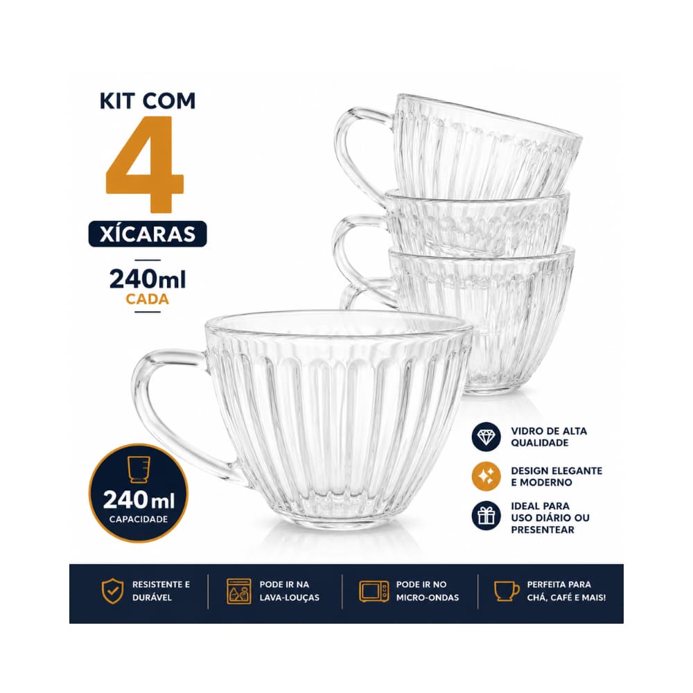 Jogo de 4 Xícaras Para Café 240ml Vidro Canelada Sem Pires Lines Cup Chá Cappuccino