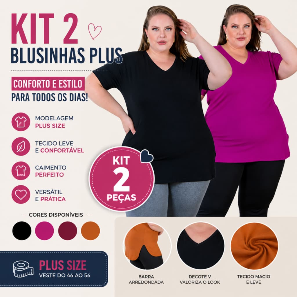 Kit 2 Blusas Feminina Plus Size Gola V Manga Curta Básica Longline Confortável do 46 ao 56