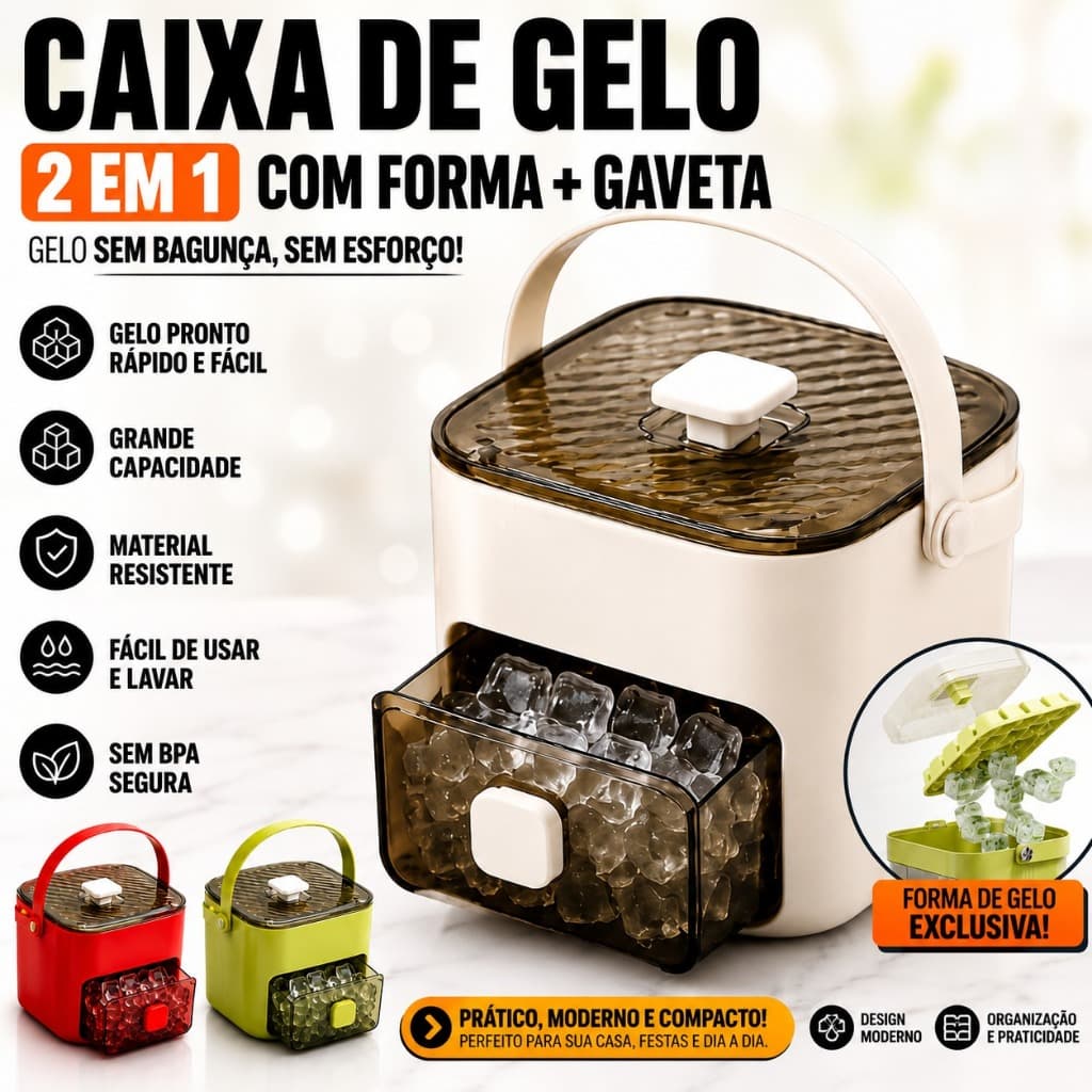 Forma de Gelo Manual 2 em 1 com Reservatório Transparente Gaveta Coletora e Tampa para Freezer