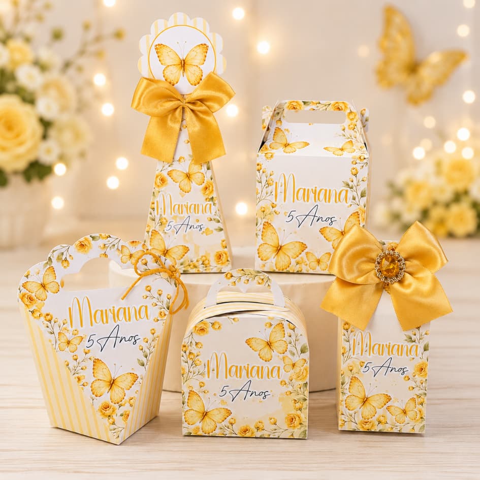 Caixinhas Personalizadas borboletas Amarelas lembrancinha de aniversário com nome e idade