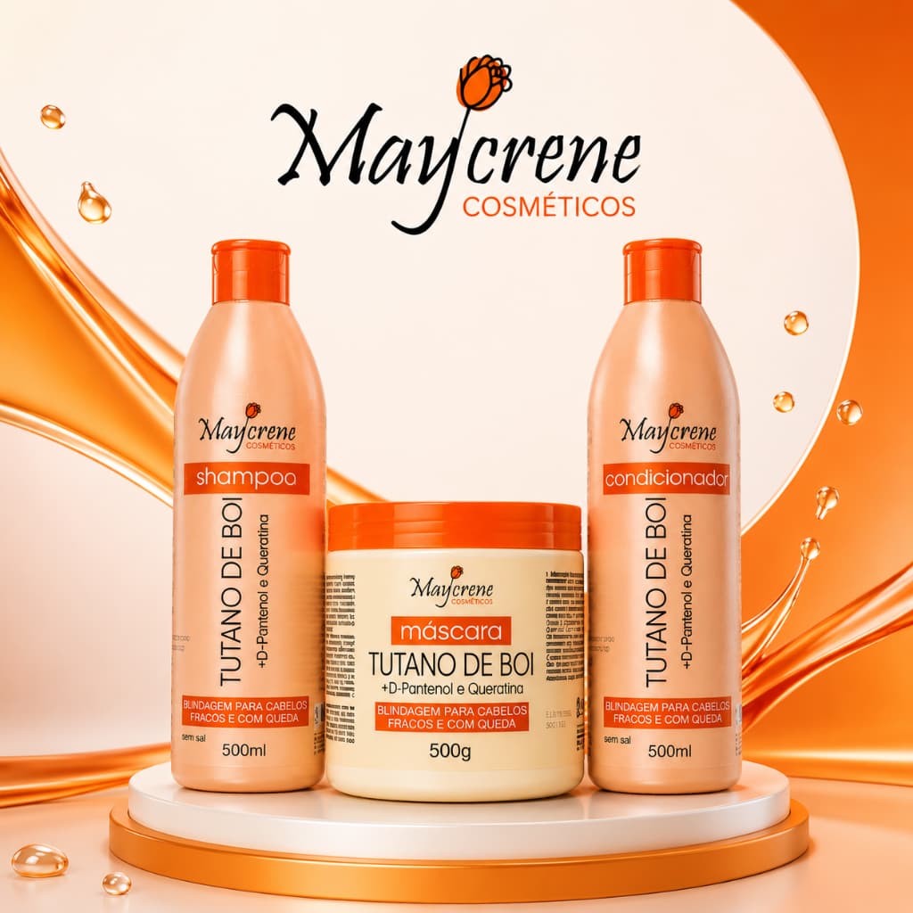 Kit Tutano de Boi Maycrene Shampoo Condicionador Máscara 500ml Blindagem Capilar Anti Queda com Queratina e D-Pantenol