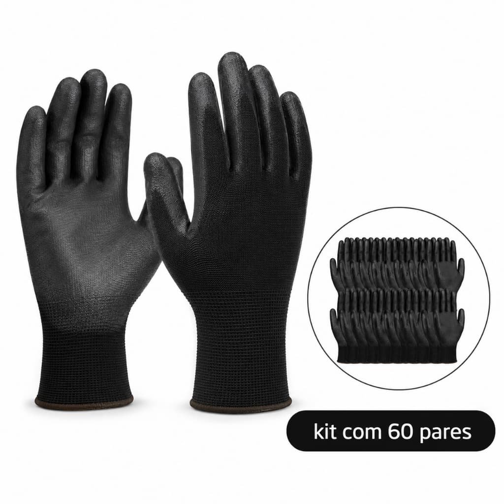 Kit 60 Pares Luva de Segurança EPI Multitato PU Antiderrapante Tátil para Mecânico Marceneiro Pedreiro