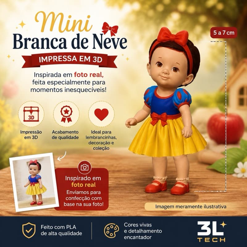 Kit 20 Unidades Branca de Neve Personalizada em 3D de 5 a 7cm | Lembrancinhas | Inspirado em foto real | Decoração