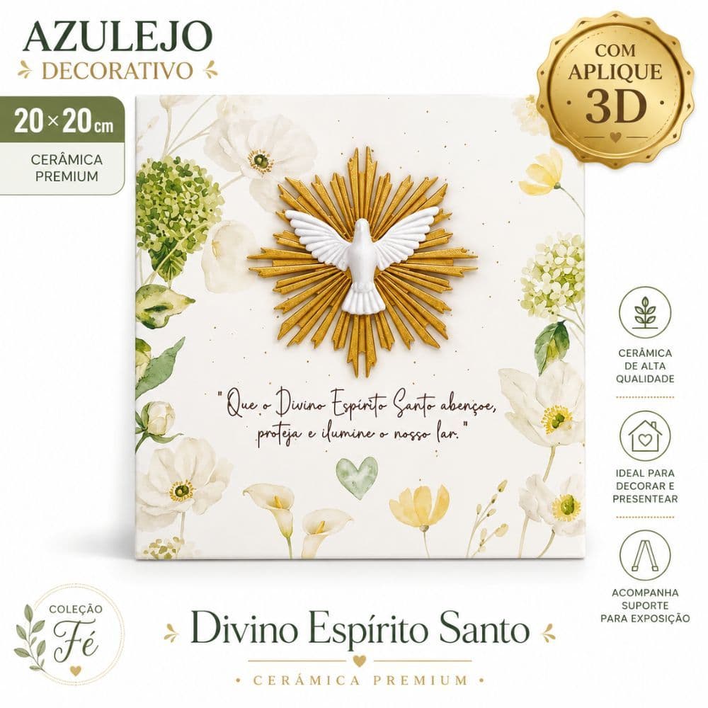 Azulejo Decorativo Divino Espírito Santo 20x20cm em Cerâmica com Aplique 3D | Presente Religioso para Casa