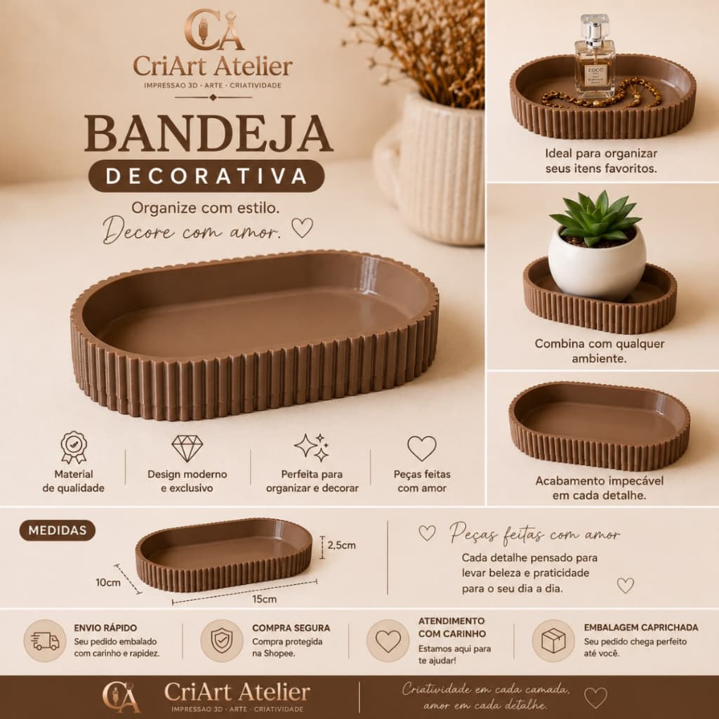 Bandeja Decorativa Multiuso Armazenamento Organizadora Joias Chaves Perfumes Plantas e Objetos