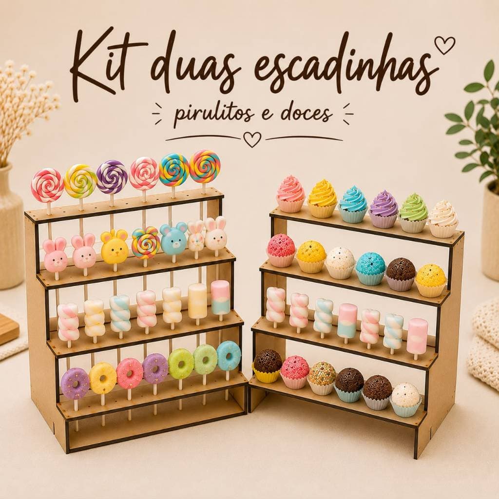 kit 2 escadinha piruliteiro e doces em mdf festa aniversário decoração mesa