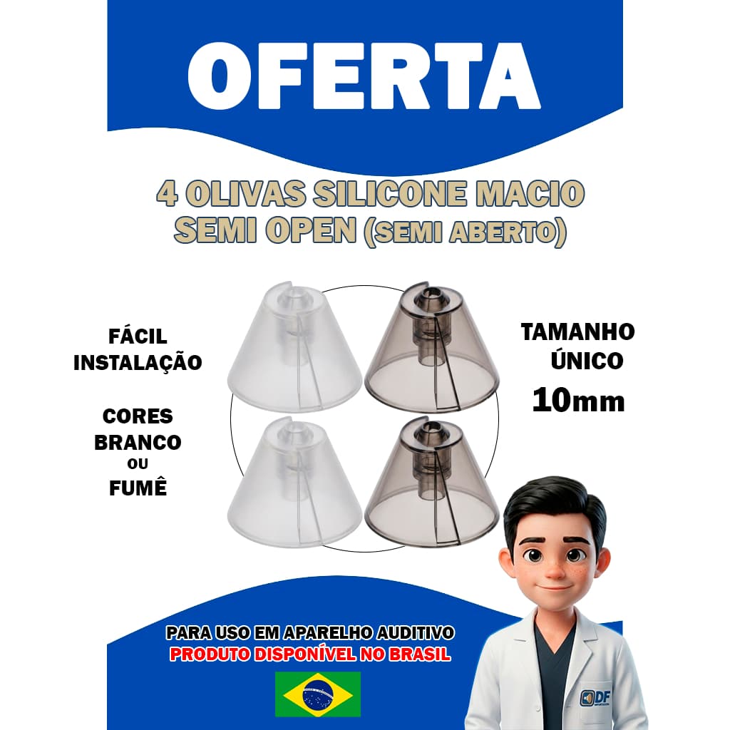 Pacote Com 4 Olivas Silicone Semi-Open ( Semi-Aberta ) Extra Macio para Aparelho Auditivo Tamanho Único