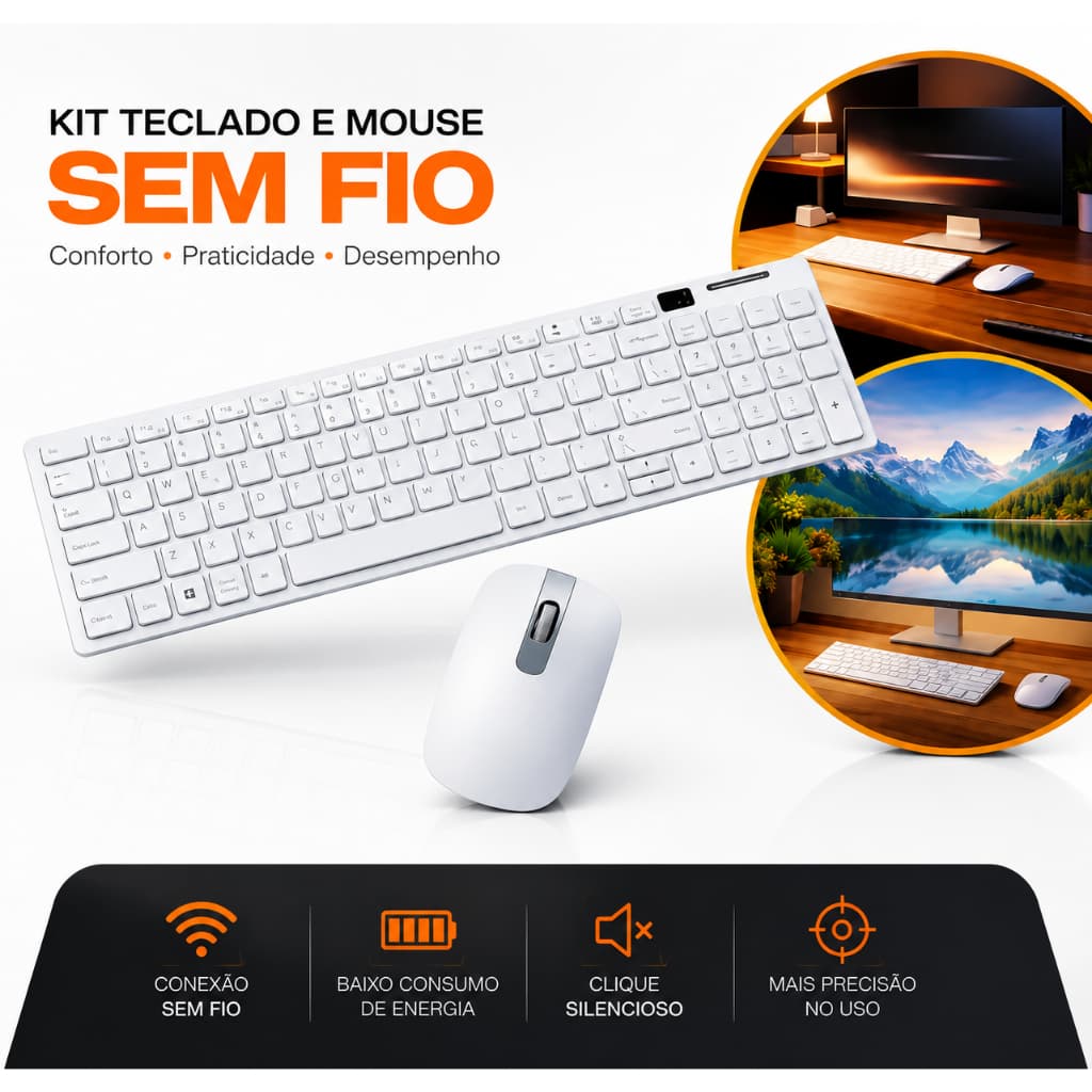 Teclado e Mouse USB Wireless Sem Fio Branco  Slim Com Membrana De Silicone Silenciosa para Trabalho Estudos Home O