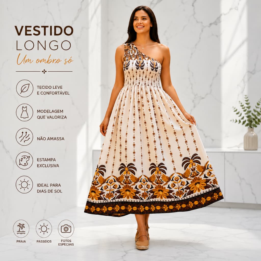 Vestido Longo Um Ombro Só em Lástex - Estampa Tropical Premium