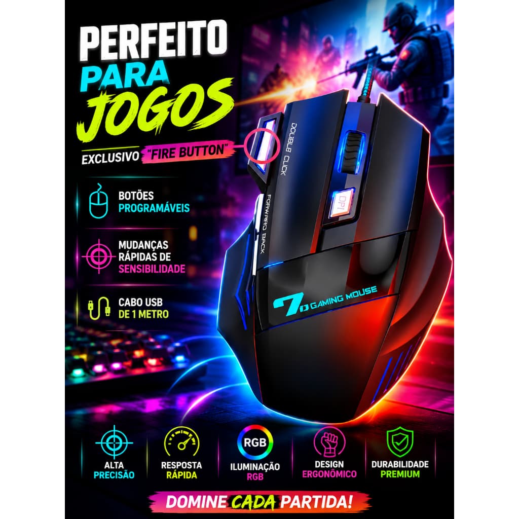 Mouse Gamer B-Max X7 USB com 7 Botões DPI Ajustável 800 a 2400 LED Cabo Nylon Ergonômico para PC Notebook