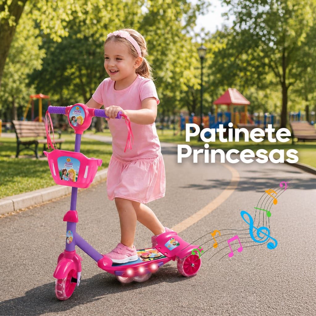 Patinete Infantil 3 rodas Altura Ajustável Musical Com Som e Luzes Cestinha Princesas Até 35kg