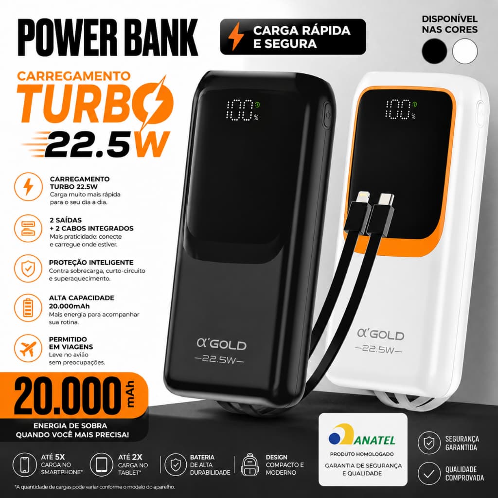 Powerbank 20000 mAh Turbo 22.5W Anatel Original Agold