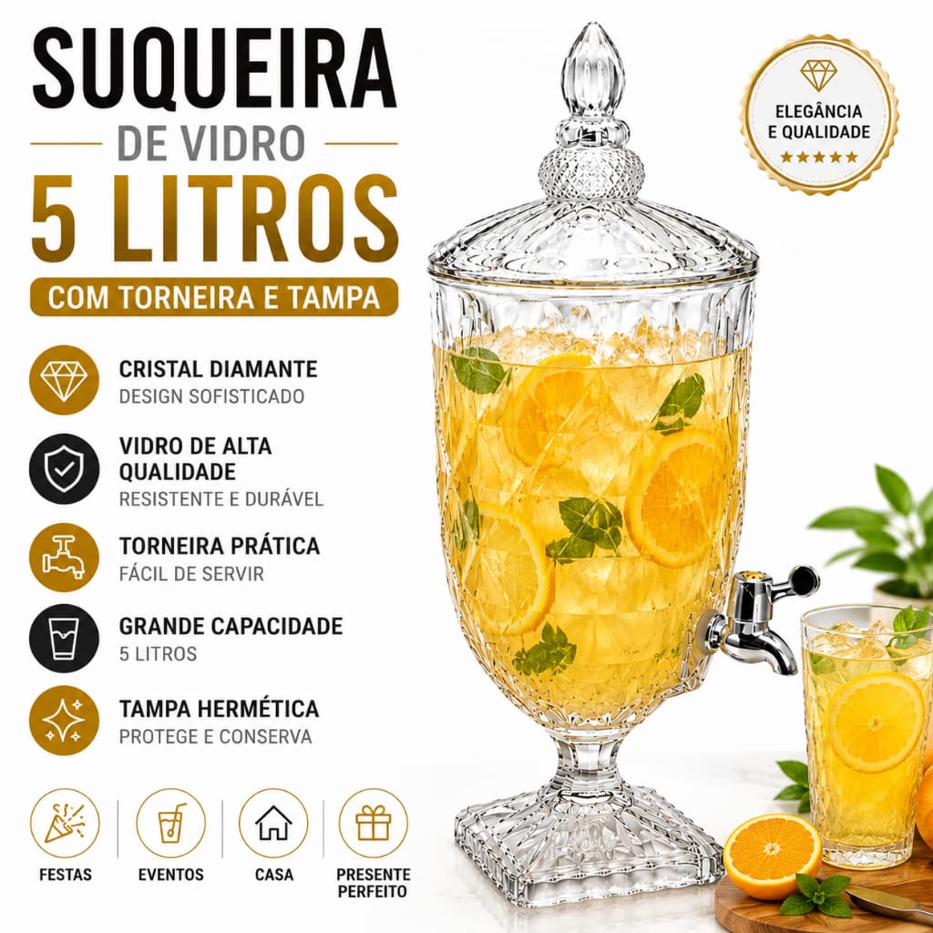 Suqueira de Vidro 5 Litros Jarra De Vidro Cristal Diamante Suporte e Torneira Tampa Água Saborizada
