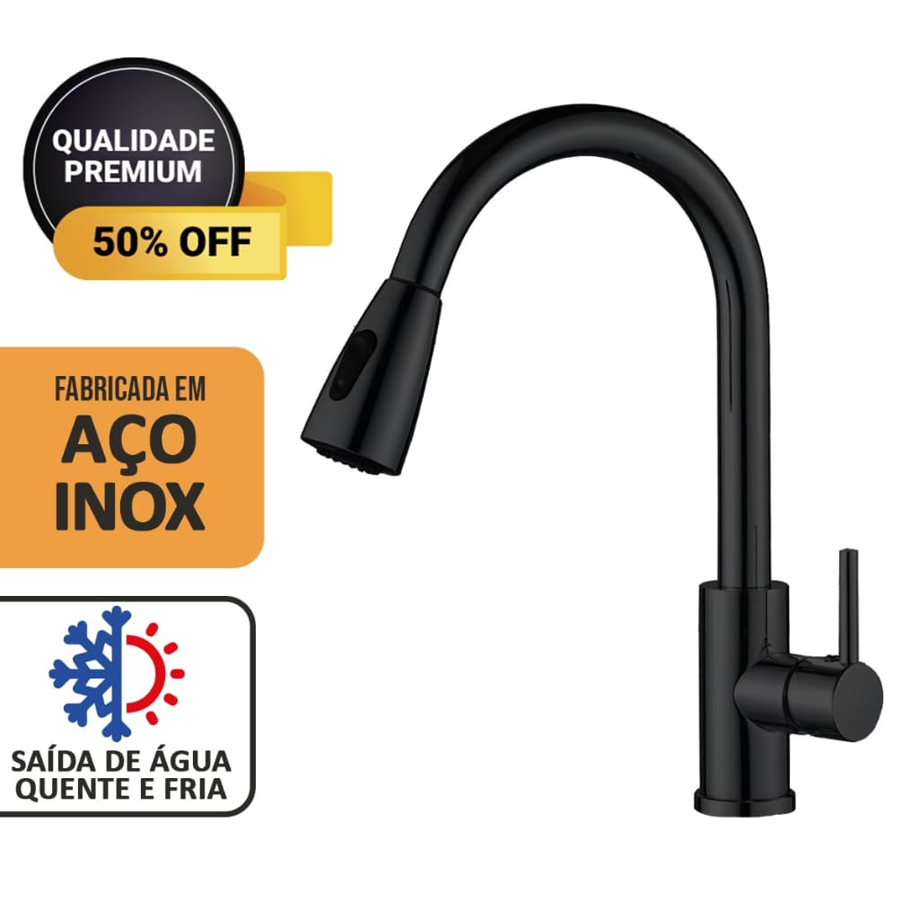 Torneira Cozinha Gourmet Aço Inox Monocomando Extensor Flexível Pull Down Jato Duplo  Ducha/Spray Quente e Frio