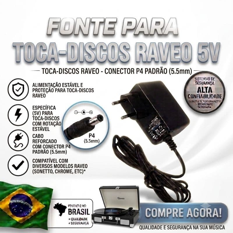 Fonte para Toca Discos Vitrola Raveo 5V Compatível