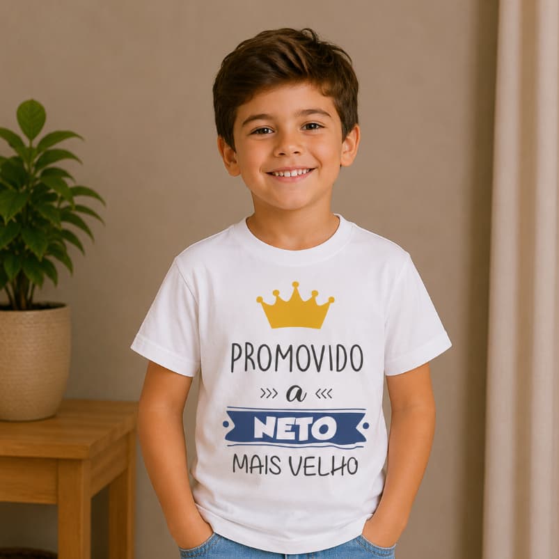 Camiseta infantil promovido neto mais velho revelação surpresa chá revelação