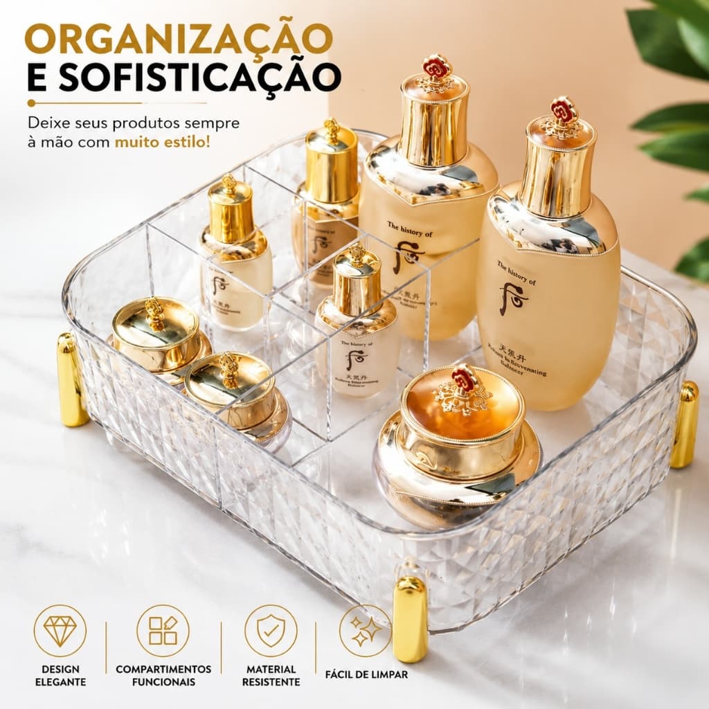 Organizador de Maquiagem Acrílico Transparente Porta Cosméticos com Divisórias para Skincare e Perfumes Premium