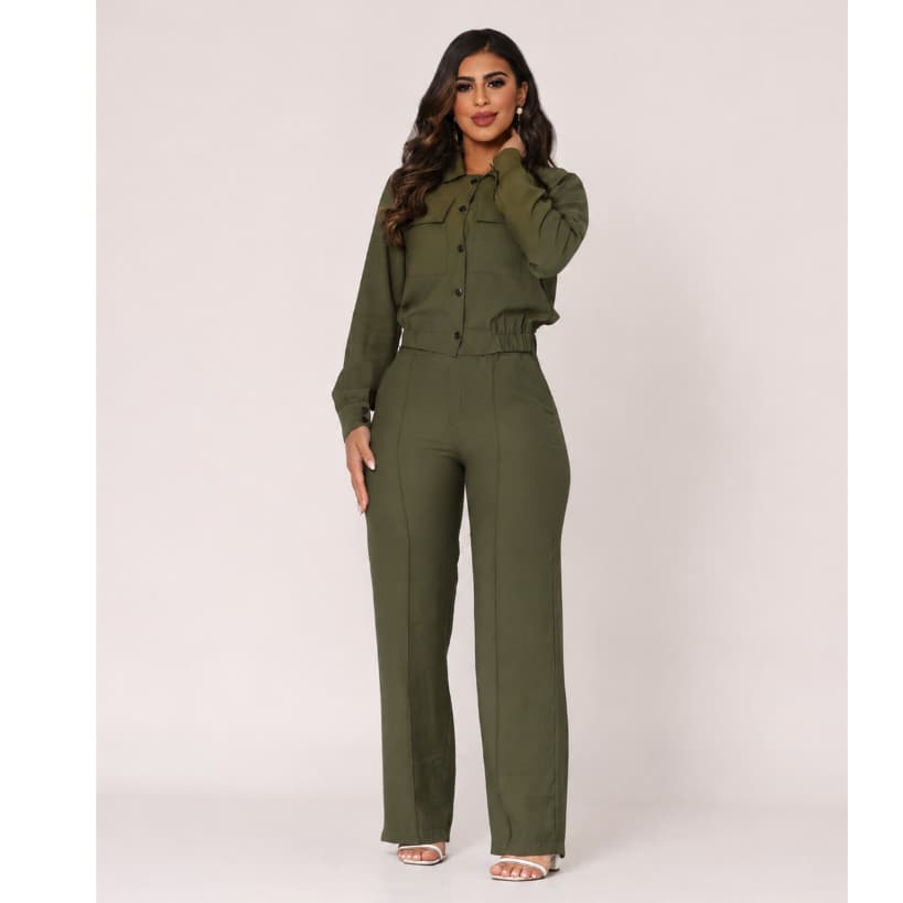 Conjunto Feminino Alfaiataria Camisa Manga Longa E Calça Pantalona