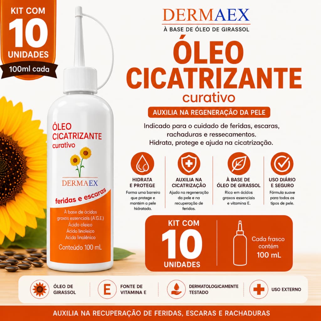 10 Frascos Dermaex 100ml Óleo de Girassol Cicatrizante - Nutriex