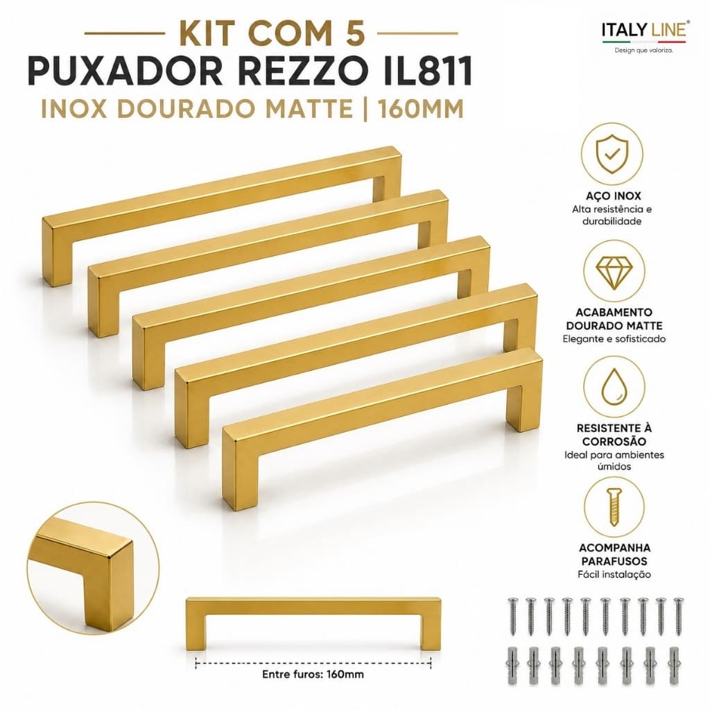 Kit 5 Puxadores Rezzo Il811 Inox Dourado Matte 160mm Moveis Cozinha Armario Gaveta Porta