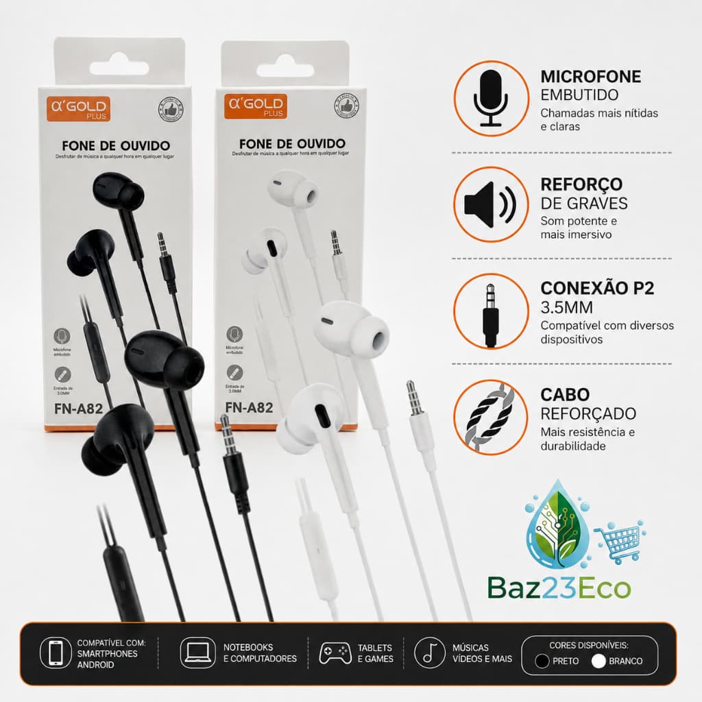 Fone de Ouvido A'Gold Intra Auricular com Microfone HD P2 3.5mm Cabo Trançado Reforçado Graves Potentes
