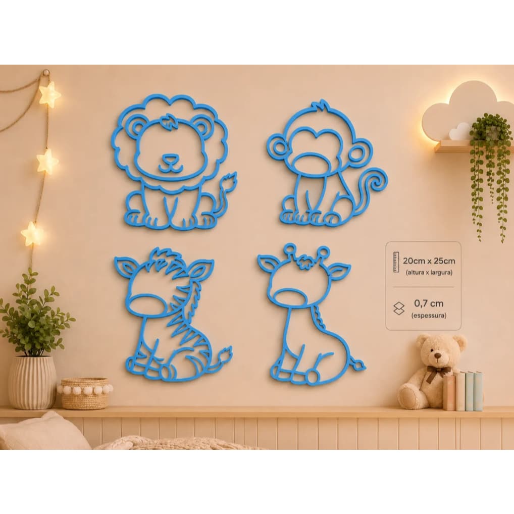 Kit Safari Decorativo de Parede | Leão, Macaco, Zebra e Girafa | Quarto Infantil |